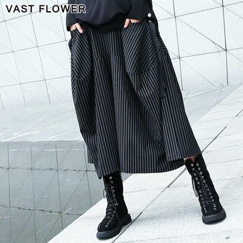 2021 Spring Autumn High Waist Black Striped Plus Size Wide Leg Pants Women Pocket Loose Elastic Waist Fashion Ladies Trousers