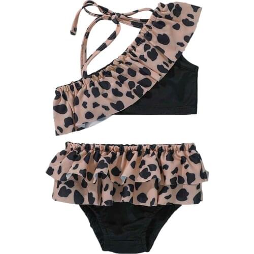 2021 0-6Y Sweet Kids Baby Girl Two Pieces Swimsuit Floral/Leopard Ruffle One Shoulder Crop Top+Triangle Shorts Holiday Beachwear