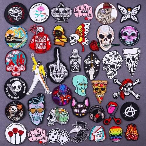 Biker Skeleton Iron On Patches Poison Lantern Man Cool Embroidery Patch Clothes Stickers Rock Freddie Mercury Applique Badge