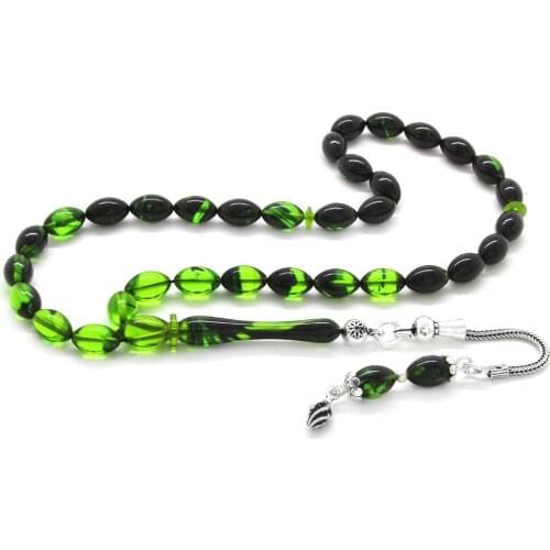 Tesbihane 925 Sterling Silver Tassels Wrist Size Cottage Green Fire Amber Prayer Beads