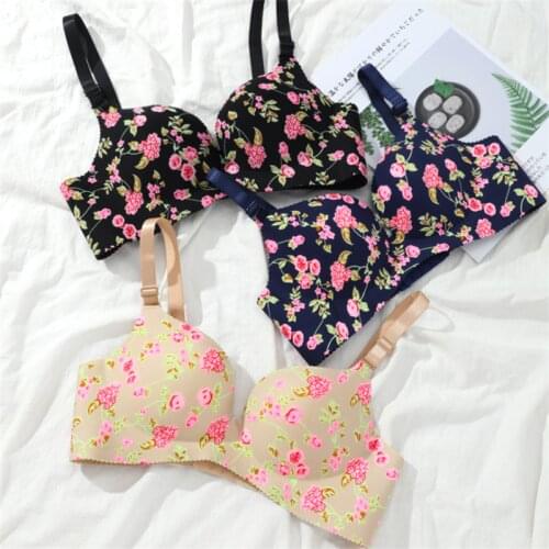 Sexy Lingerie Flower Print Gathered Bras Women Floral Push Up Seamless Bra Underwear