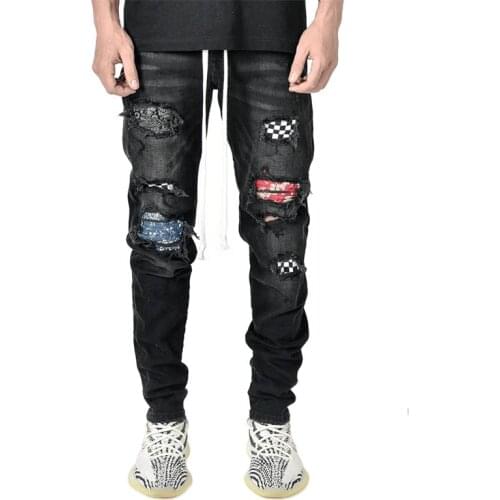 Jeans Men Vintage Clothing Hiphop Streetwear Distressed Black White Checked Medium Print Effect Casual High Fashion Jean Pants