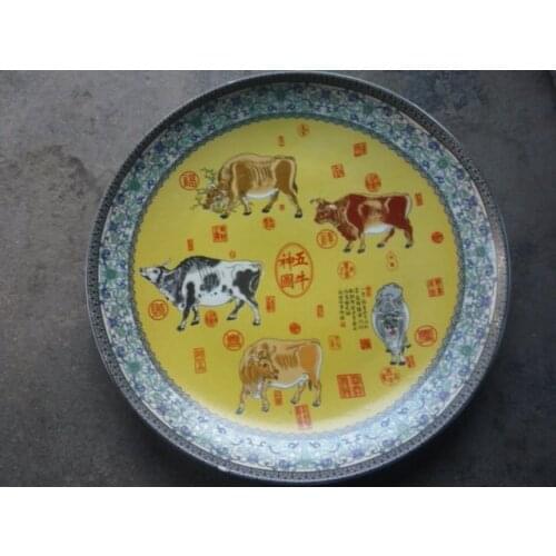 34cm(d) Rare Qing Dynasty porcelain plate ,five cow,Free shipping