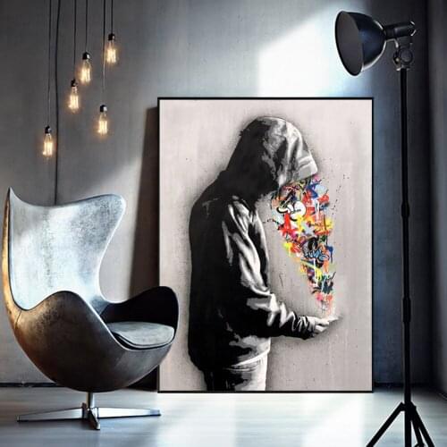 Graffiti Art Portrait Look at Mobile Phone Painting on Canvas Posters and Prints Street Wall Art Picture for Living Room Cuadros