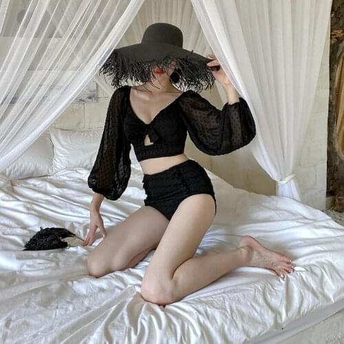 Swimwear Women 2021 Swimsuit Female Push Up Two Piece Sexy Long Sleeve Solid Color High Waist Ins Bubble Hot Spandex Sierra