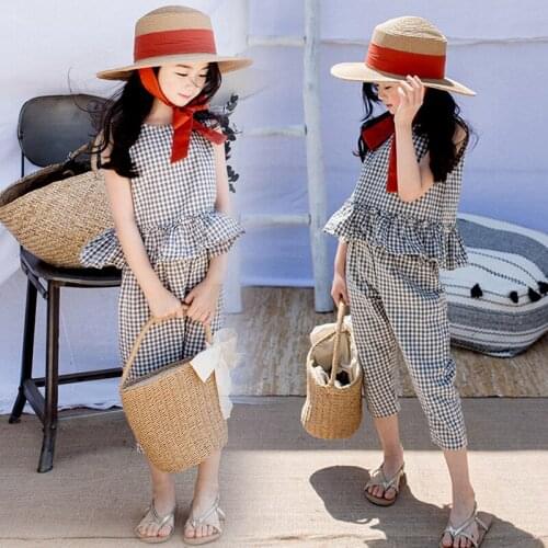 Summer Baby Kids Girls Clothing Set 2pcs Girls Plaid Sleeveless Tops+ Cropped Trousers Casual Teenager Girls Tracksuits Outfit