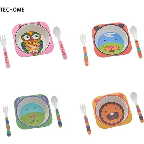 Cute Cartoon Animal Baby Dishes Set Melamine Bowl Fork Spoon Bamboo Tableware Kids Set Girls Boys Plate Infant Feeding Dishes