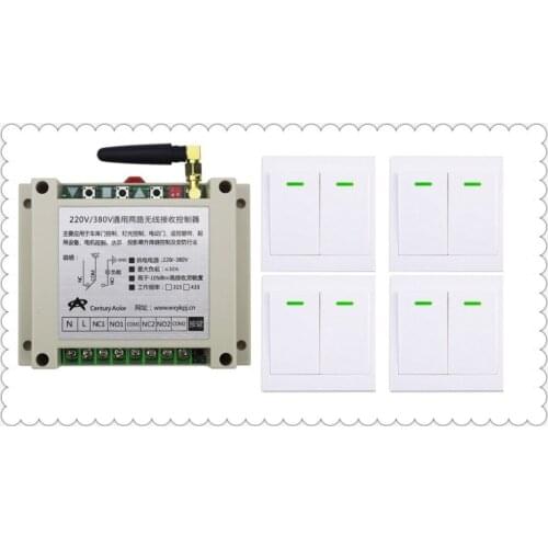 New AC220V 250V 380V 30A 2CH Wireless Remote Control Switch Receiver + 4*Wall Panel Remote Transmitter Sticky Remote Smart Home