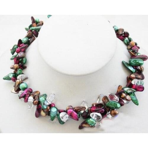 Baroque Pearl Necklace 2 Rows Green Purple Coffee Biwa Real Freshwater Pearl White Crystal Necklace Perfect Women Smart Jewelry