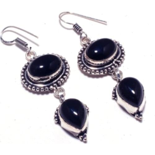 Genuine Black Onyx Silver Overlay on Copper Earrings , Hand made Women Jewelry Gift, E5450