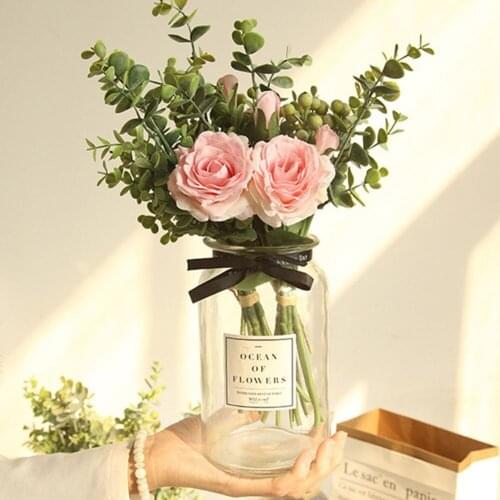 Romantic Eucalyptus Rose Simulation Flower Bouquet Holding Flowers Light Wedding Furnishings Home Garden Party Decorations