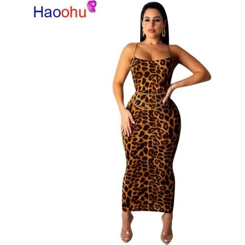 HAOOHU Sexy Cheetah Leopard Print Midi Dress Women Clothes Plus Size Vestido Elegant Spaghetti Strap Bodycon Night Club Dresses