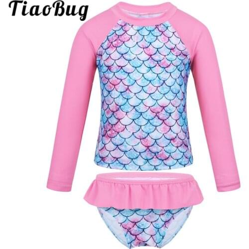 TiaoBug Kids Girls Tankini Long Sleeve Mermaid Fish Scale Printed Rashguard Beach Swimwear Children Tops Bottom Bathing Suit Set
