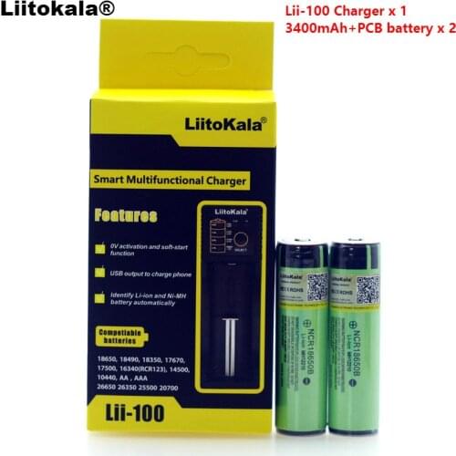 Liitokala lii-100 1.2V 3.2V 3.7V 26650 Charger+2PCS Protection NCR18650B 3400mAh 18650 Rechargeable Battery +PCB For Panasonic