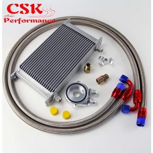 22 Row 248mm AN10 Universal Engine Transmission Oil Cooler British Type + Aluminum Filter Hose End Kit Silver/Blue
