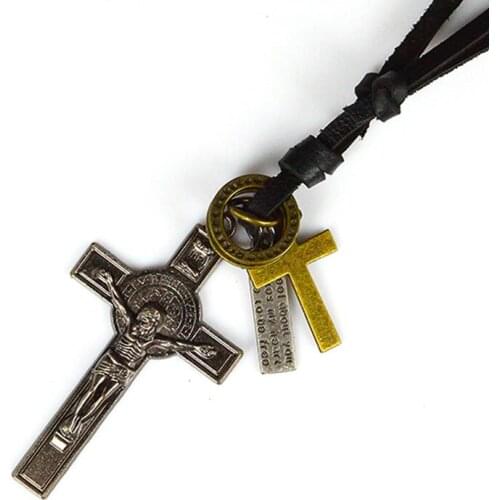 Vintage Jesus Cross Pendant Necklace Genuine Leather Rope Chain Christian Jesus Piece Necklace for Men Women Fashion Jewelry