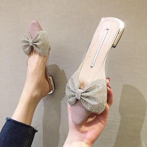 Glitter mules women pointed toe crystal bow transparent slippers metal low heel flip flops bling slides outdoor shoes woman 2020