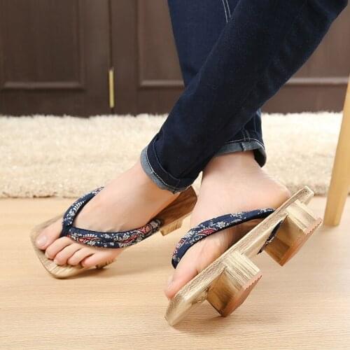 Women/mans Summer Sandals Double Heel Wooden Flip Flops Floral Prints Casual Slippers Cosplay Shoes