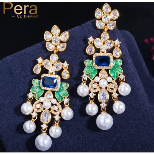 Pera Noble Boho Cubic Zirconia Crystal Setting Vintage Flower Long Pearl Drop Danging Earrings for Women Party CZ Jewelry E487