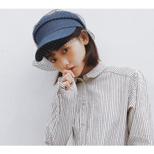 Chic Black Net Yarn Denim Navy Hats For Women Double Layer Mesh Beret Elegant Newsboy Caps Female Casual Octagonal Hat Party