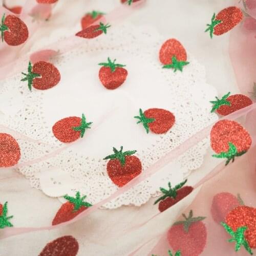 2Meters Pink White Glitter Strawberry Print Mesh Tulle Fabric High Quality Bridal Dress Wedding Decoration Tutu Skirt Net Fabric
