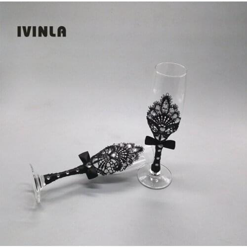 2pcs/lot Black lace wedding toasting glasses wedding champagne glasses gift for wedding party decoration