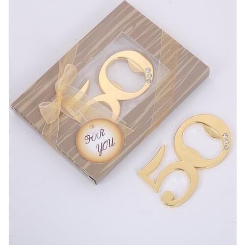 40 Pieces/lot) 50th Year Wedding Anniversary gift of 50th Design Golden bottle opener for bridal showers and Birthday Gifts