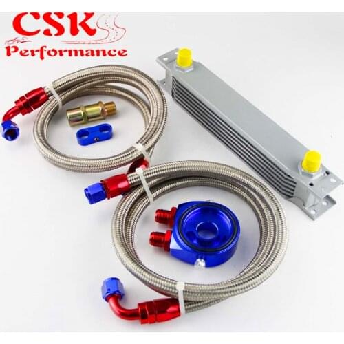 AN8 7 Row 248mm Universal Engine Transmission Oil Cooler British Type + Aluminum Filter Hose End Kit Black/Blue