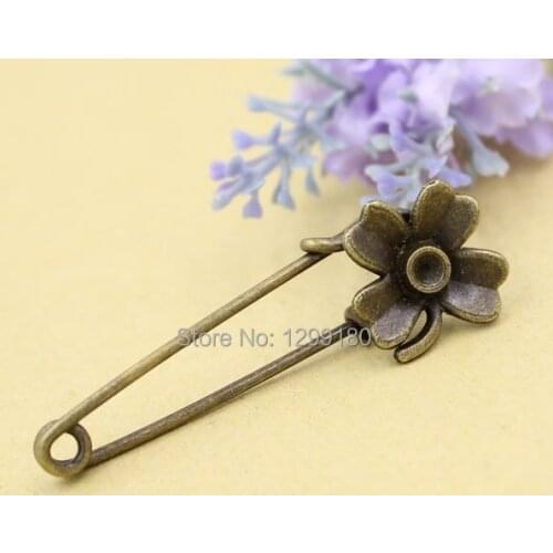10pcs/lot Alloy Antique Bronze Vintage Flower Brooch Safety Pins For Garment Accessories Scarf Clip pins Length:54mm (K02069)