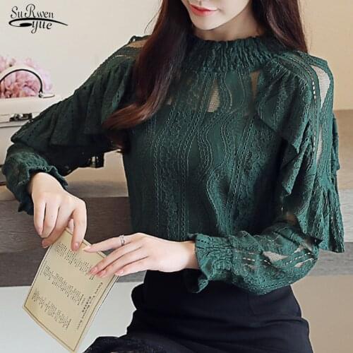 2021 Women Clothing Ruffle Lace Nine Quarter Sleeve Blouse Shirt Hollow Out Floral Women Blouse Female Tops Elegant Blusa 14313