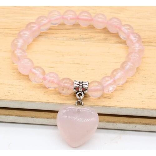 Trendy-beads Silver Plated Natural Rose Pink Quartz Heart Connect 8 mm Round Beads Bracelet For Women Jewelry