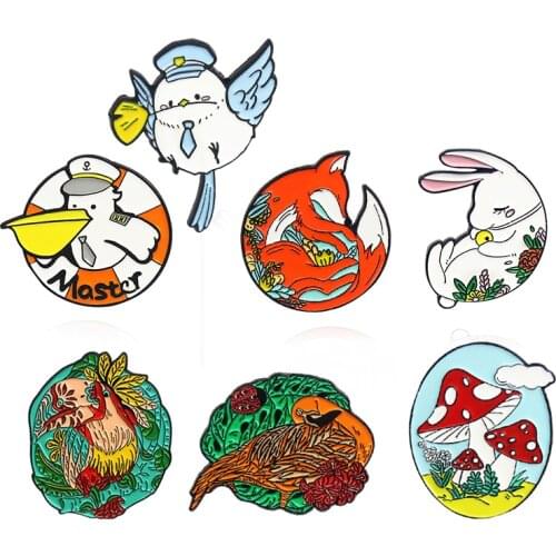 Animal Brooches Custom Fox Rabbit Seabirds Bird Seagull Parrot Crane Enamel Pin Forest Sea Flowers Plants Badge Gift for Kids