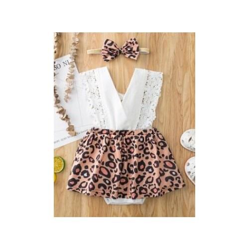 Baby Romper with Headband, Leopard Print Lace Trim V-Neck Sleeveless Bodysuit+ Hairband for Girls, 3-18 Months