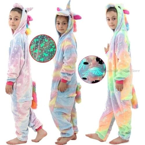 Kigurumi Anime Onesie Glow In Dark Winter Jumpsuit For Children Kids Pajamas Girl Sleepwear Boy Pijama Unicorn Panda Overalls