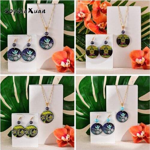 SophiaXuan Jewelry Sets Classic Fashion Hawaiian Green Acrylic Round Flower Holiday Pearl Jewelry Sets Wholesale for Women Gifts