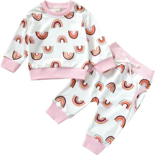 0-3Years Baby Girls Clothes Sets Toddler Rainbow Print Long Sleeve Pullover Sweatshirt + Pants Autumn Casual Infant Outfits