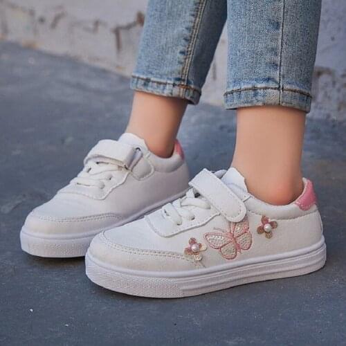 Summer Spring Female Kids Butterfly Embroidery PU White Sport Shoes For Children Girls Sneakers
