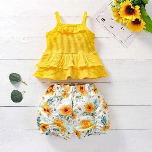 Baby Girl’s Summer Two Piece Set Fashion Solid Color Suspender Tops and Flower Short Pants 2Pcs Outfits Baby Girl Clothes