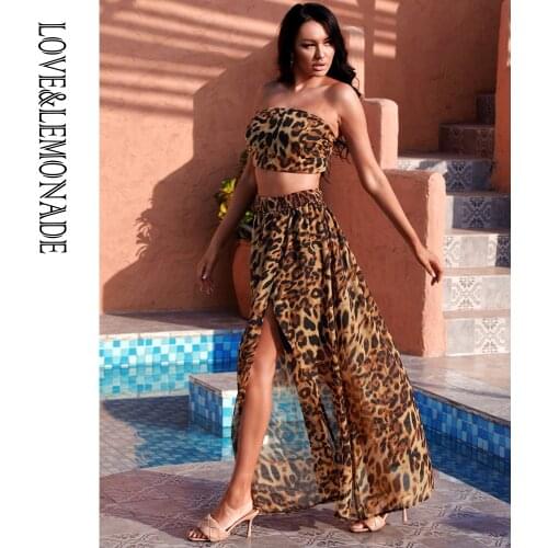 LOVE&LEMONADE Sexy Tube Top Two-Pieces A-Line Brown Leopard Chiffon Split Summer Beach Set LM83107