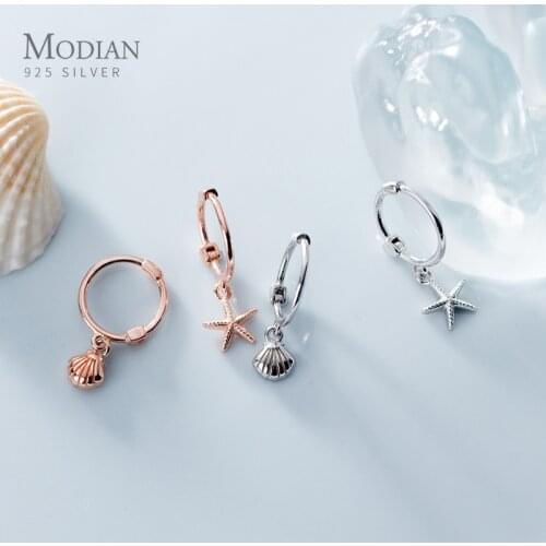 Modian New 925 Sterling Silver Luxury Starfish Shell Asymmetric Hoop Earring for Women Simple Wedding Earring Fine Jewelry Gift