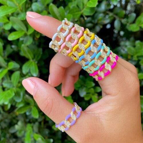 Gold Color Fashion 2021 Women Finger Jewelry Micro Pave White CZ Pink Blue White Enamel Cuban Link Chain Band Ring