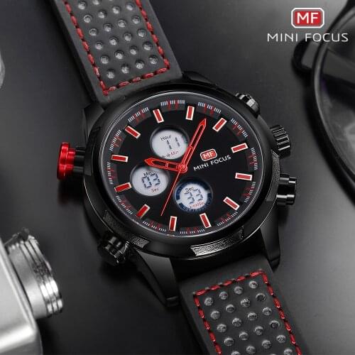 MINI FOCUS Mens Army Sports Chronograph Watches 2019 New Leather Strap LCD Display Quartz Wristwatch Man EL Backlight 0066G Red