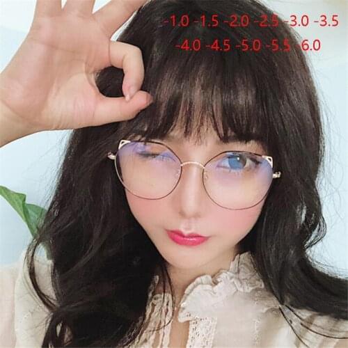 Metal Cat Ears Nearsighted Eyeglasses Unisex Round Clear Spectacle Short-sighted Eyewear Diopter -1 -1.5 -2 -2.5 -3 -3.5 To -6