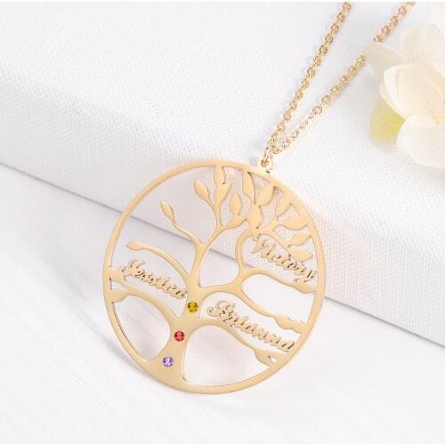 Life Tree Family 1-6 Names Necklace Personalized Stainless Steel Golden Nameplate with Birthstone For Women Men Birthday Gift