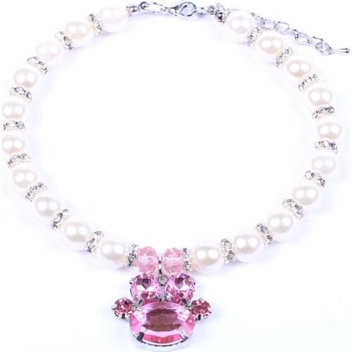 Pet dog Pearls Necklace Collar with Bling Paw Charm Pet Puppy Accessories Jewelry for Dogs Puppies Yorkie Chihuahua