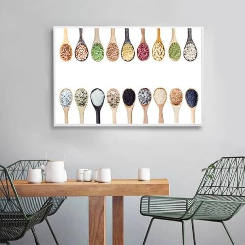 Rice and Cereal Food In Wooden Spoon Photography Poster Prints Kitchen Wall Decorative Pictures Canvas Painting Housewifes Gift