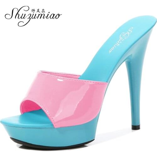 Shoes Women Slipper 2020 Summer Fine Heel 13cm Shoe Slipper Platform Patent leather Pumps Sexy Shoes Stripper Hihg Heels Sandals