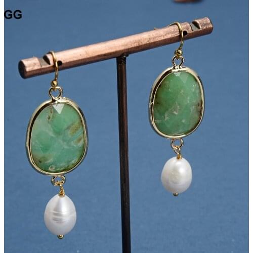 GuaiGuai Jewelry Natural Green Chrysoprases Gold Color Plated Cultured White Rice Pearl Bezel Sets Hook Earrings Cute For Women