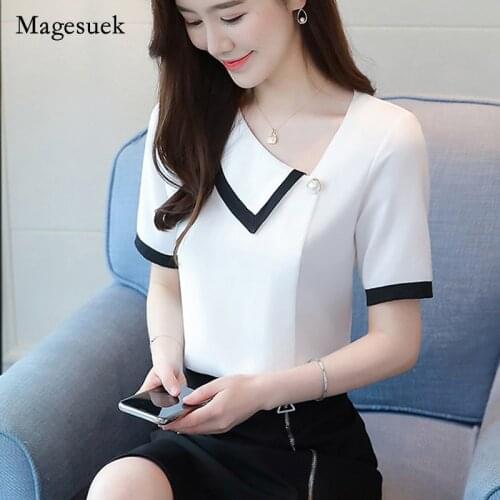 White Shirt Summer Shirt Short Sleeve Chiffon Blouse Fashion Solid Color Slash Neck Tops Women Office Lady Style Blusa 2021 9203