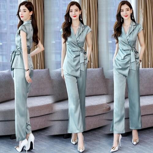 Women Summer BlouseTwo Pieces Elegant Office Ladies Wide Leg Pant Suits Sets Short Sleeve Blouse Trousers Set with Belt